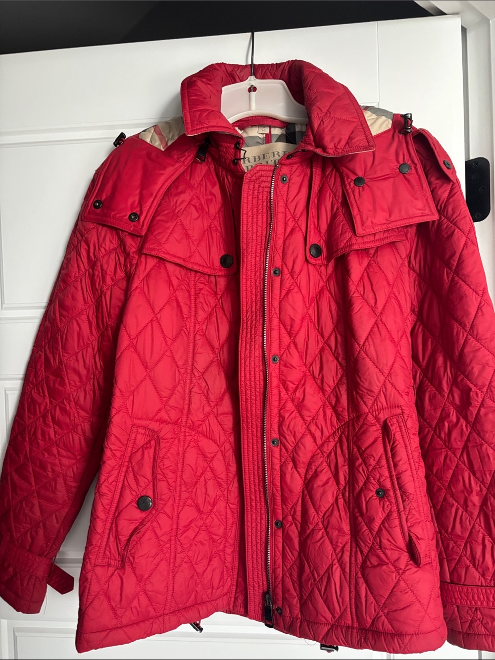 Burberry Red Quilted Puffer Jacket with Check Lining - Picture 2 of 7